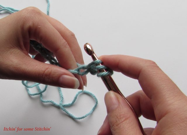 How to Double Crochet Step 7b. https://www.itchinforsomestitchin.com