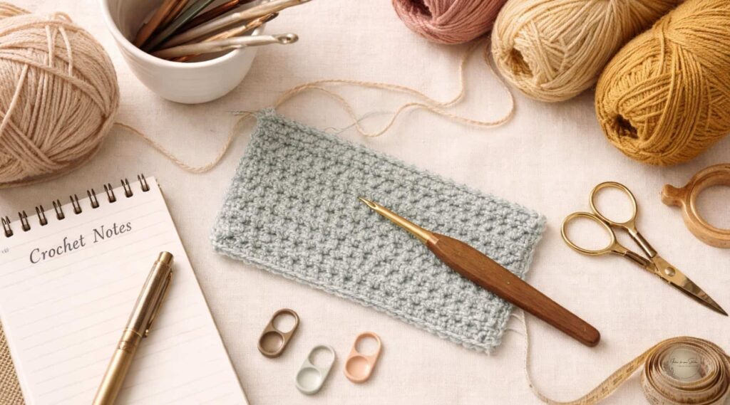 10 crochet tips for beginners flat lay with yarn hooks and crochet swatch
