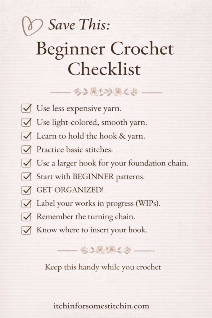 beginner crochet checklist with 10 tips for beginners including yarn choice hook size and basic stitches in a neutral modern vintage style