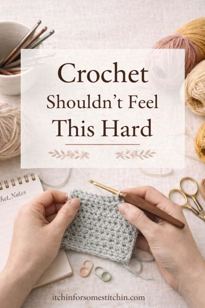crochet beginner holding a swatch with text crochet should not feel this hard showing common beginner struggles and tips