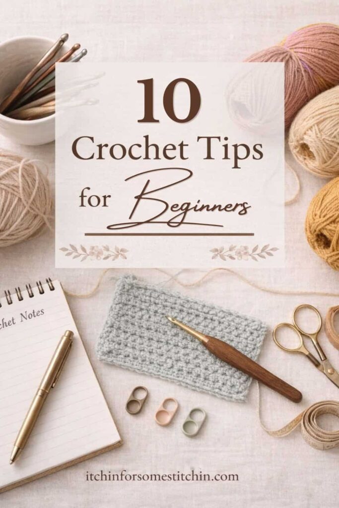 crochet tips for beginners flat lay with yarn hooks and crochet swatch in neutral tones