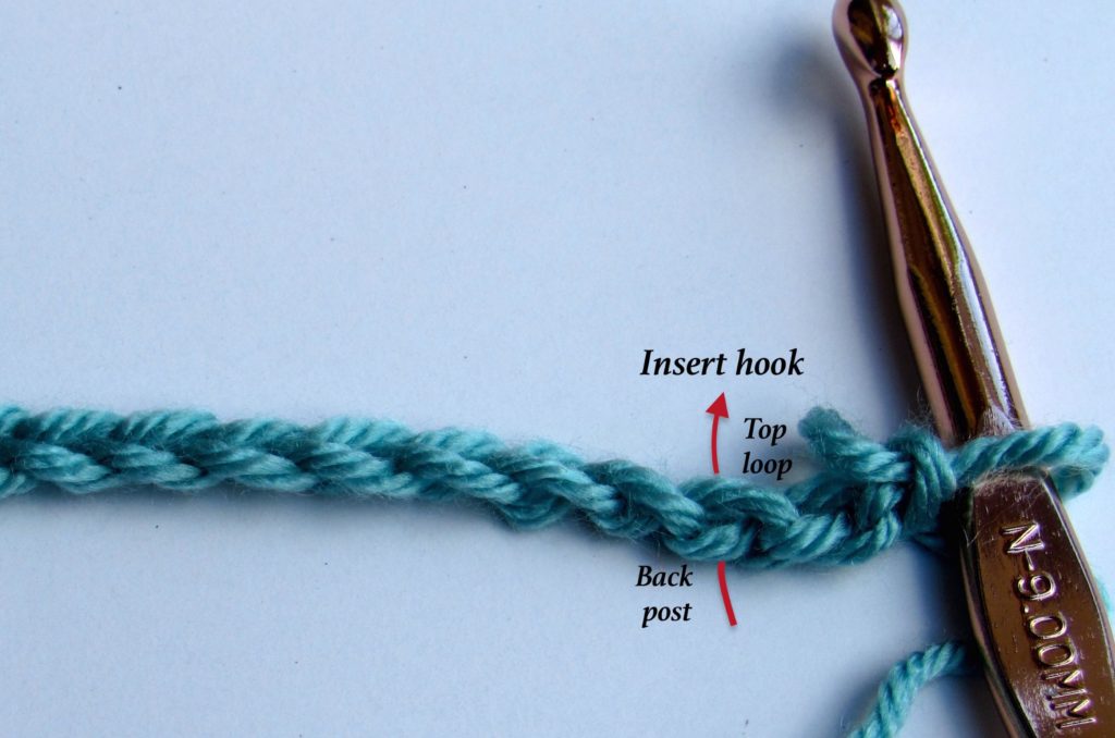 Insert the crochet hook through both one top loop and the bottom strand (back post) of the stitch.
