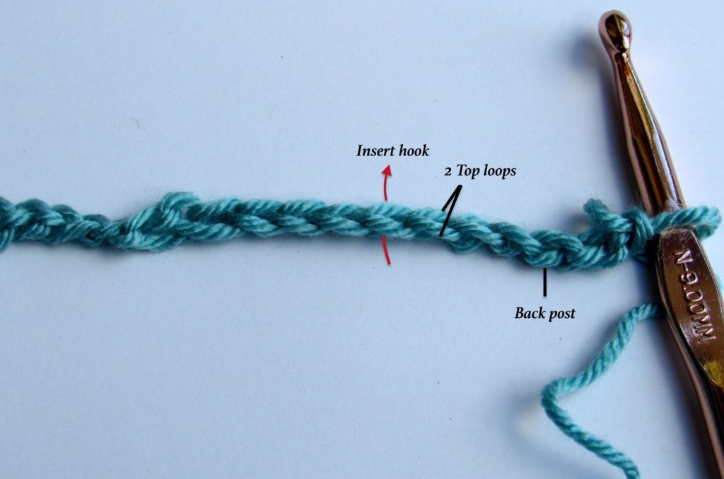 How to Crochet for Beginners: Insert the crochet hook through the top two loops of the stitch.