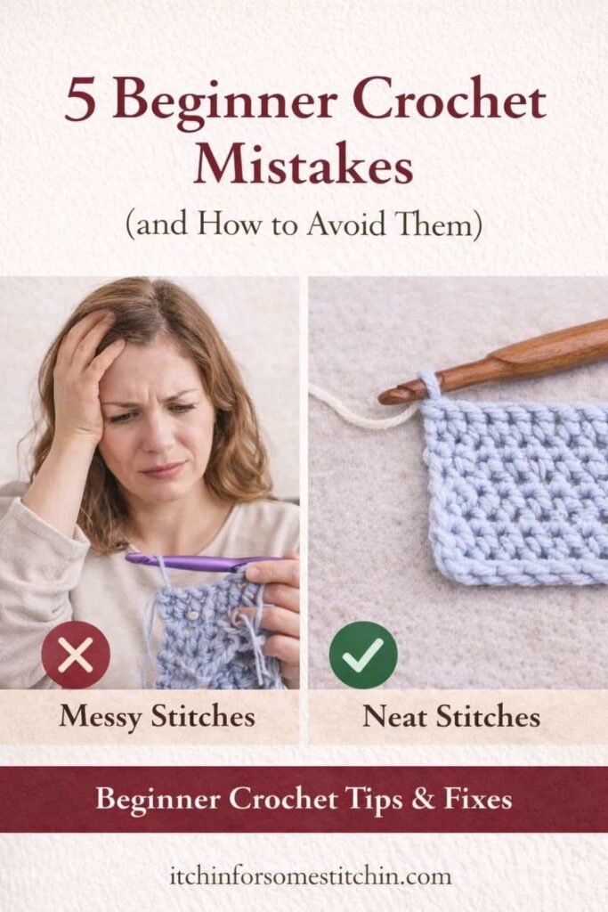 Pinterest pin graphic titled “5 Beginner Crochet Mistakes (and How to Avoid Them)” showing messy crochet stitches compared to neat stitches with a crochet hook and yarn.