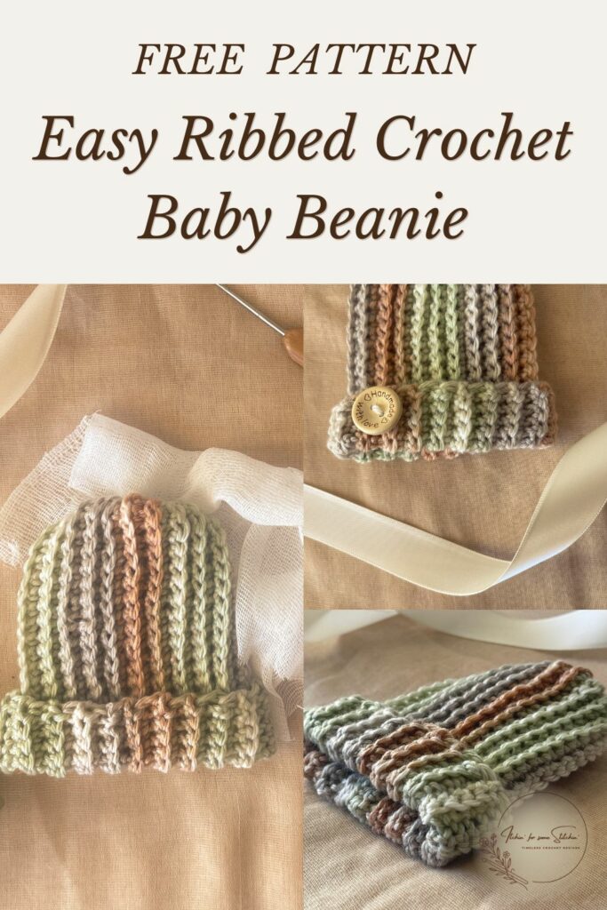Collage showing a striped ribbed crochet baby beanie, its folded brim, and the flat crocheted rectangle used to make it.