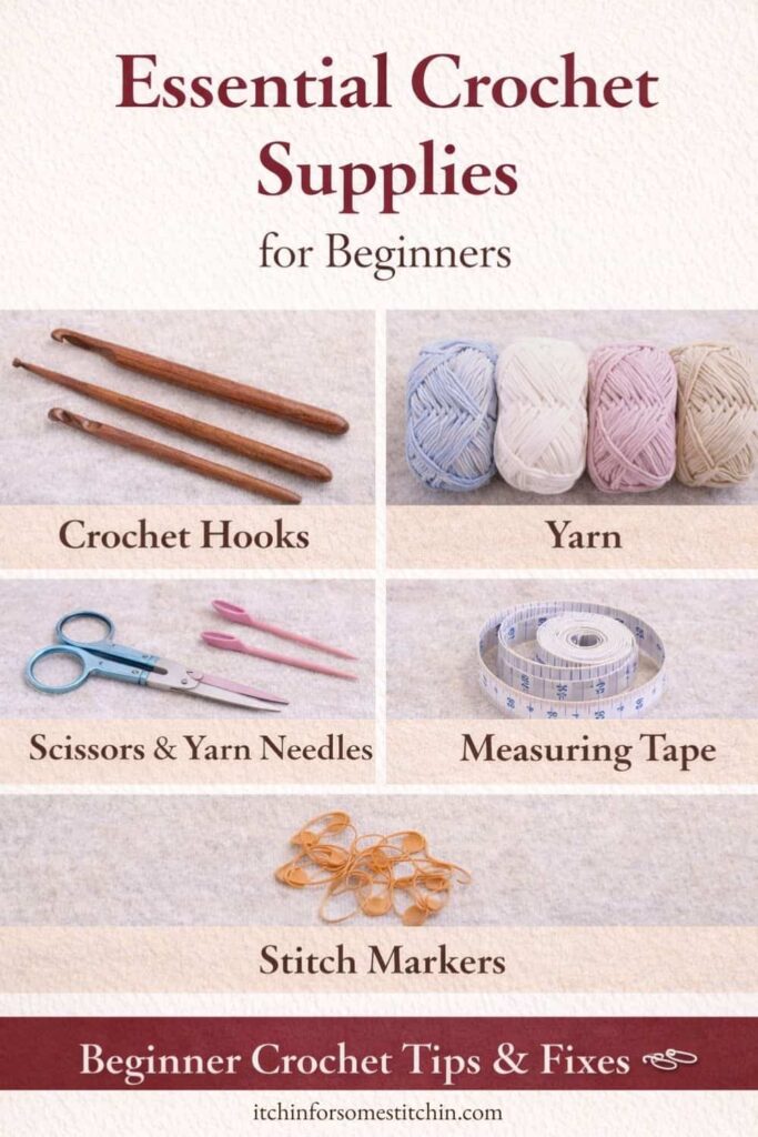 Pinterest pin graphic titled “Essential Crochet Supplies for Beginners” showing crochet hooks, yarn, scissors, yarn needles, measuring tape, and stitch markers needed to start crocheting.