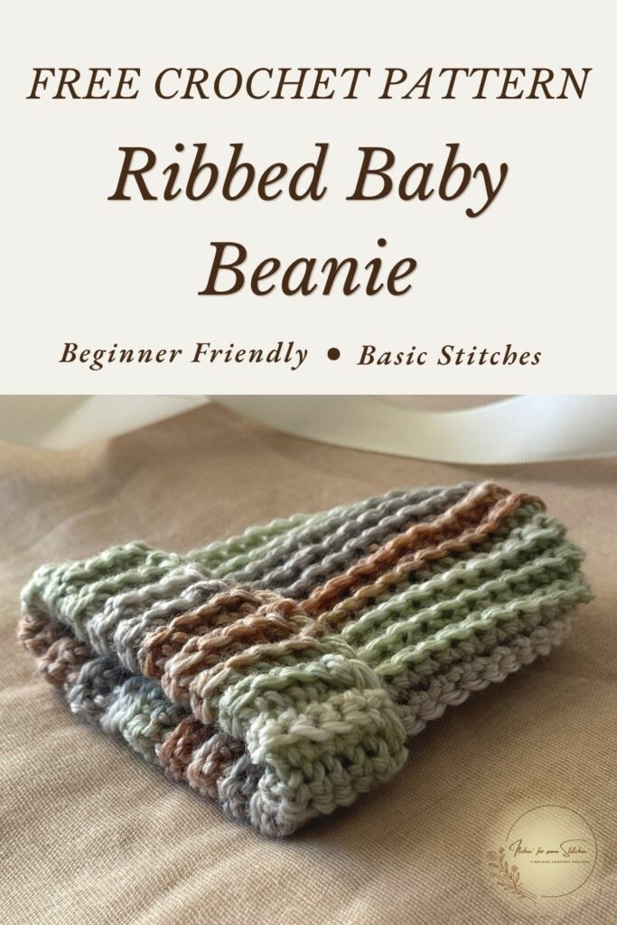 Folded striped crochet rectangles in soft green, cream, gray, and brown yarn used to make a ribbed baby beanie.