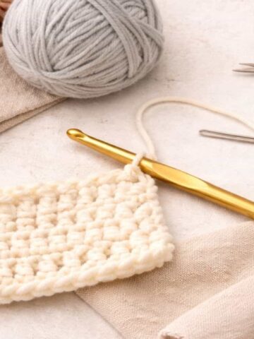beginner crochet supplies with yarn crochet hook and practice swatch.