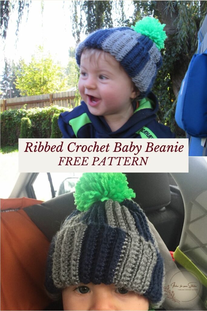 Baby wearing a navy and gray ribbed crochet beanie with a bright green pom-pom.