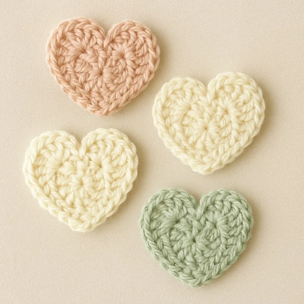 Three small crochet heart appliqués in peach, cream, and sage green yarn, displayed on a neutral beige background.