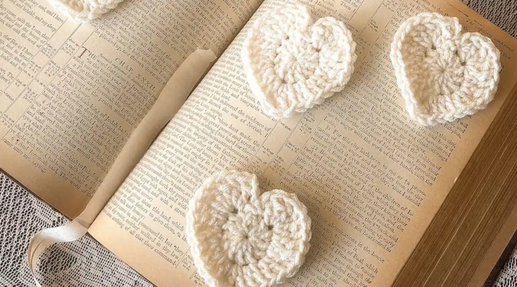 Cream lace hearts on vintage book with lace doily - hero image for free crochet pattern.