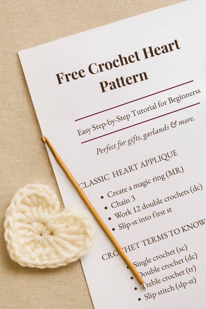 Flat lay image showing a printed crochet heart pattern with a finished cream-colored heart and crochet hook on parchment-toned paper. Ideal for crafters looking for a free, beginner-friendly crochet heart design.