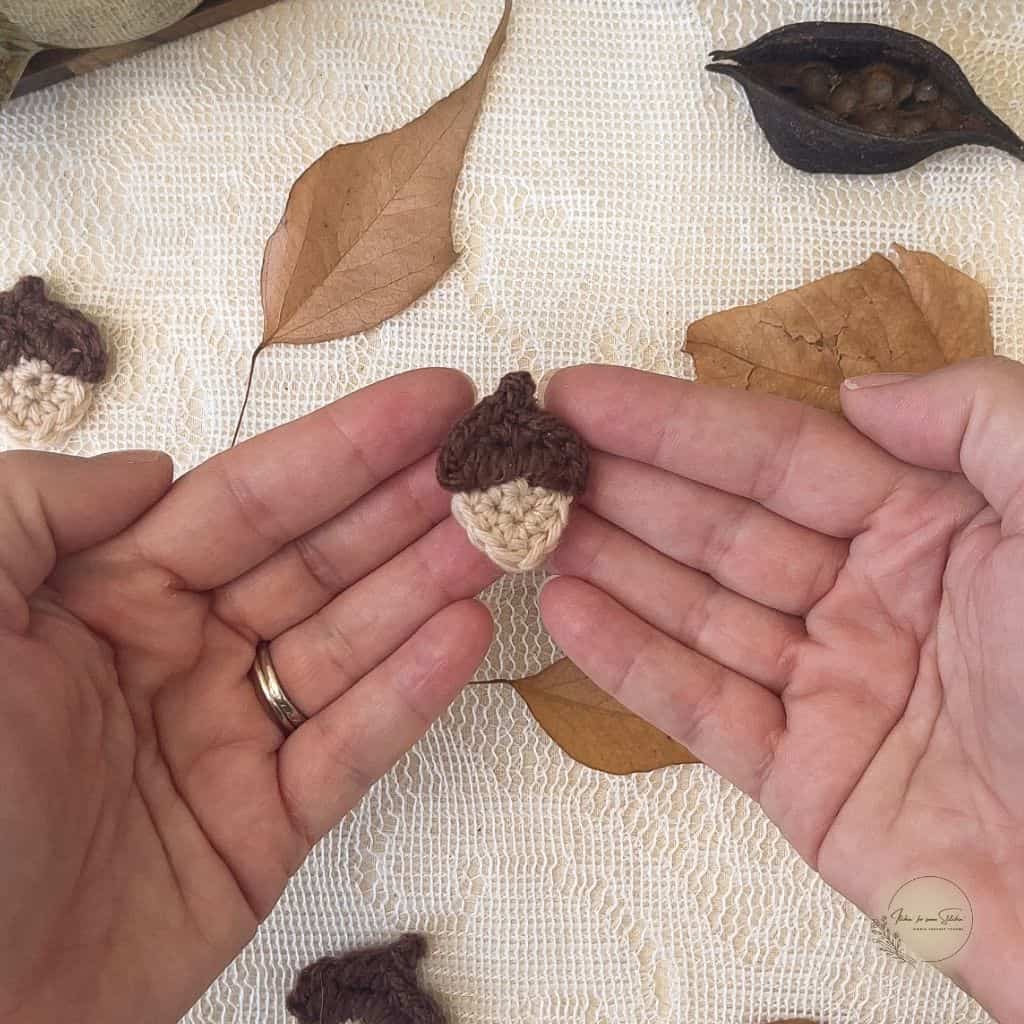 Hands holding a finished crochet acorn appliqué with fall leaves, free mini acorn crochet applique pattern for autumn crafts.