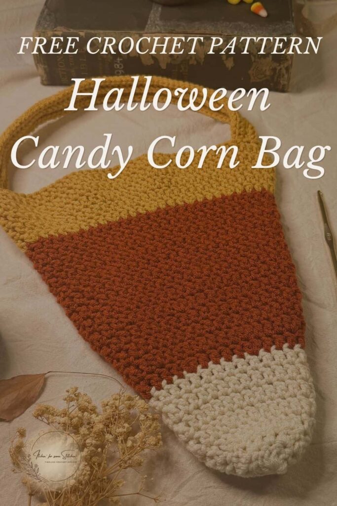 Free crochet candy corn bag crochet pattern featuring a handmade candy corn trick-or-treat bag in orange, mustard, and cream.