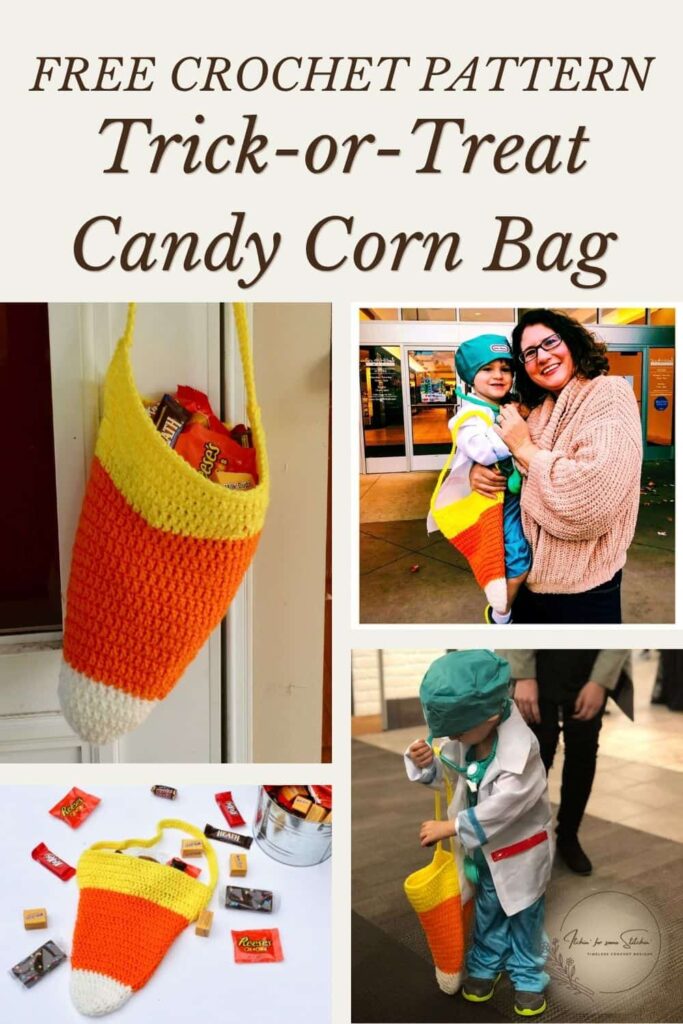 Pinterest collage of the original candy corn trick-or-treat bag, including photos of the striped bag and a child carrying it on Halloween.