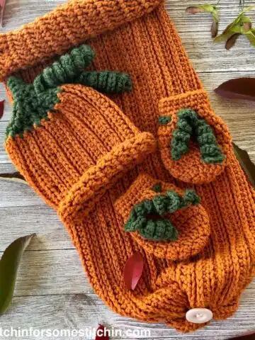 crochet pumpkin baby hat, mittens, and sleep sack by www.itchinforsomestitchin.com