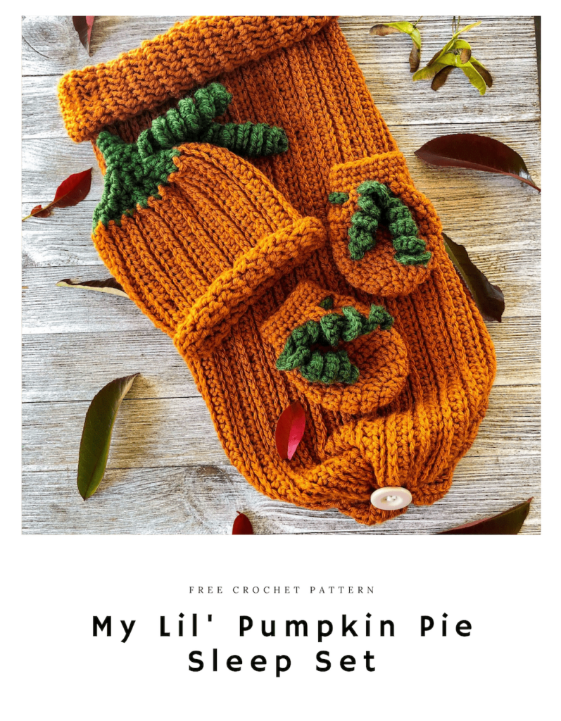 Pumpkin Crochet Beanie, Cocoon, and mittens surrounded by leaves
