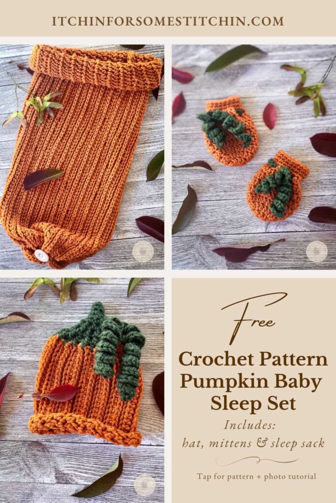 Flat lay of a handmade crochet pumpkin-themed baby set including a ribbed sleep sack, curly vine pumpkin hat, and matching orange mittens, styled on a rustic wood background with scattered leaves.