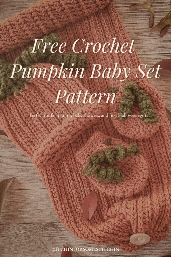 Pinterest graphic for a free crochet pumpkin baby set pattern, featuring a textured orange sleep sack with green leafy details, ideal for fall and newborn gifts