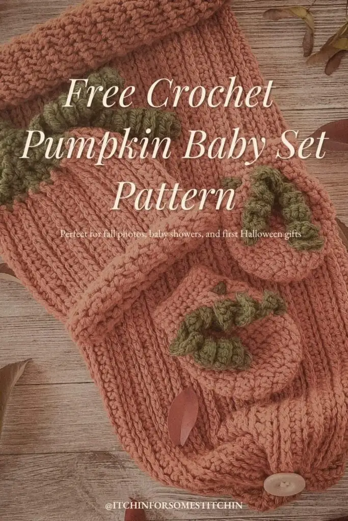 Pinterest graphic for a free crochet pumpkin baby set pattern, featuring a textured orange sleep sack with green leafy details, ideal for fall and newborn gifts