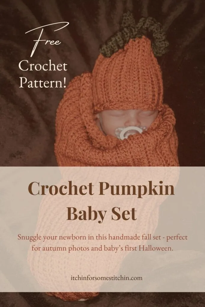 Newborn baby wearing a handmade crochet pumpkin baby set, including a ribbed orange sleep sack, matching pumpkin hat with green stem and vines, and tiny mittens, lying on a rustic wooden surface with autumn leaves. Perfect for fall baby photos and handmade gift inspiration.