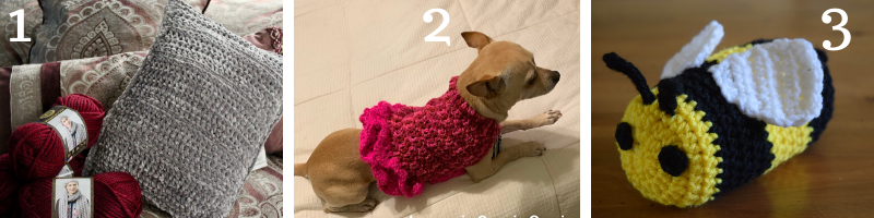 Crochet pillow, crochet dog sweater, crochet bee