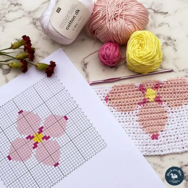 Pretty N' Pink Four Petal Tapestry Crochet 10-inch Square in Progress