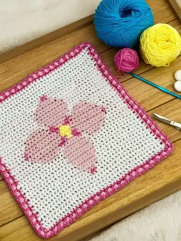 Pretty N' Pink Four Petal Tapestry Crochet 10-inch Square Pattern with Pink Trim