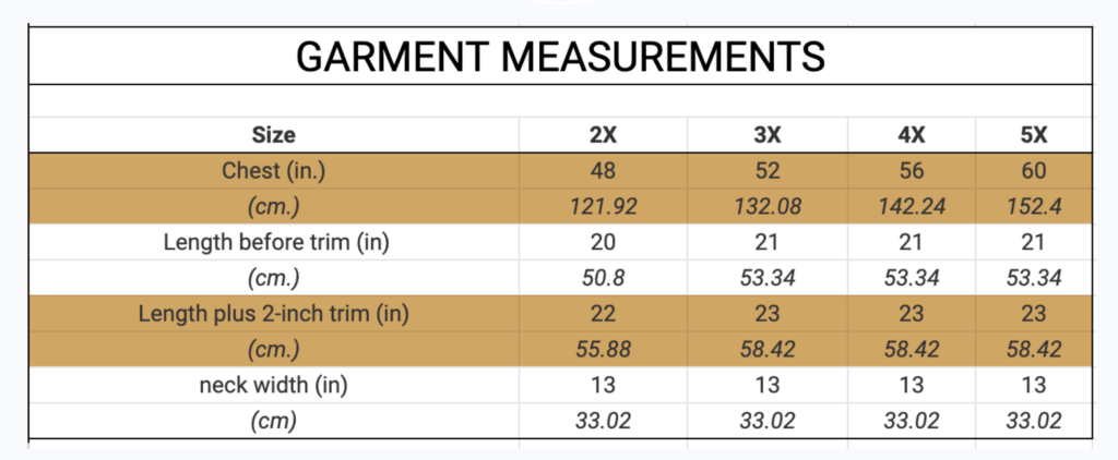 Pennington Poncho Garment Measurements 2X - 5X