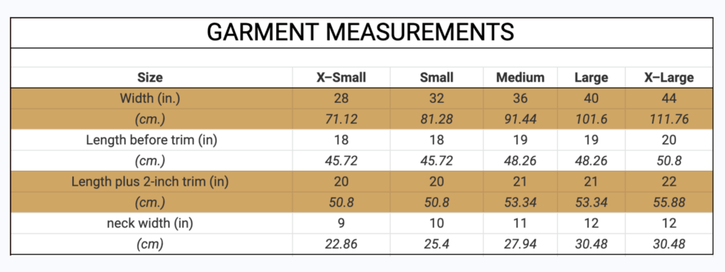 Pennington Poncho Garment Measurements XS - XL
