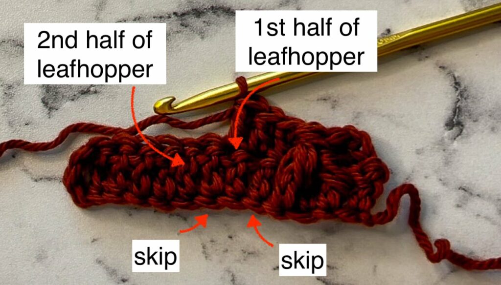 Demonstrates how to continue the next leafhopper stitch