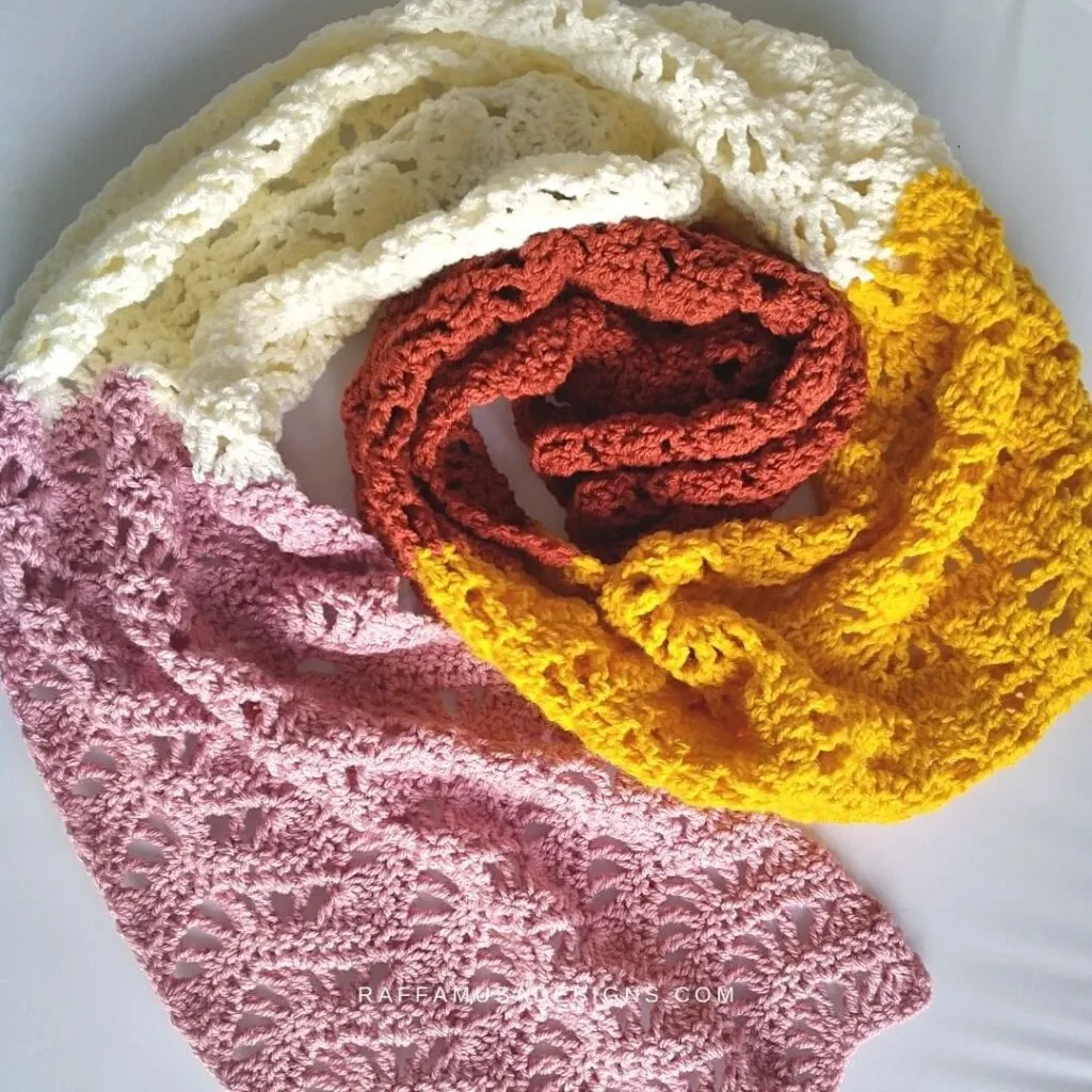 Feather and Fan Crochet Scarf by Raffamusa Designs