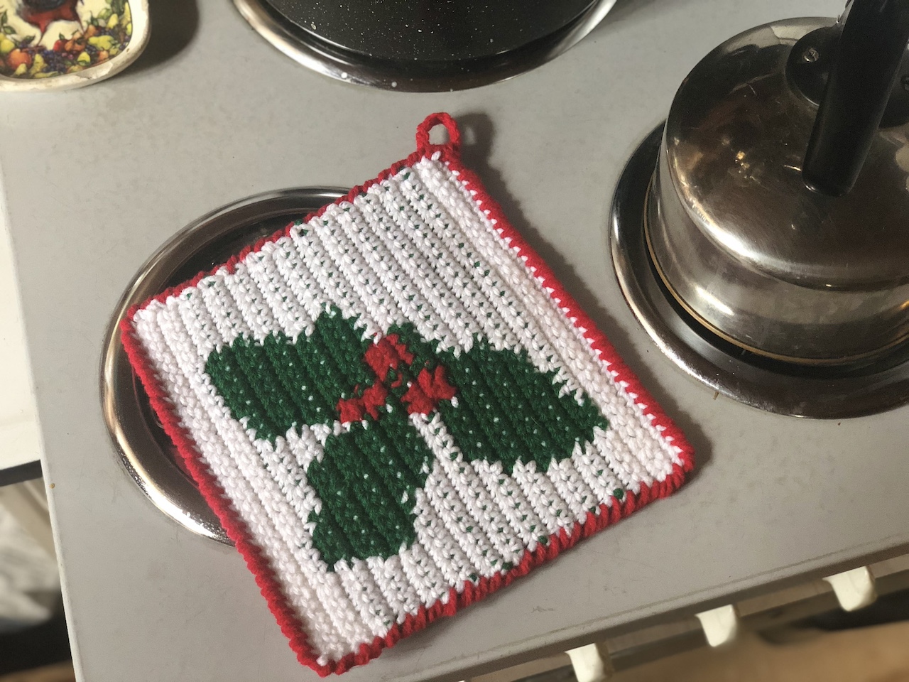 Festive Holly Berry Tapestry Crochet Potholder