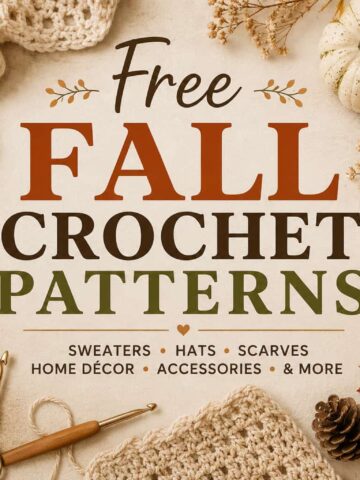 Autumn-themed flat lay with yarn, crochet hook, pumpkins, fall leaves, cozy blanket, and the words 