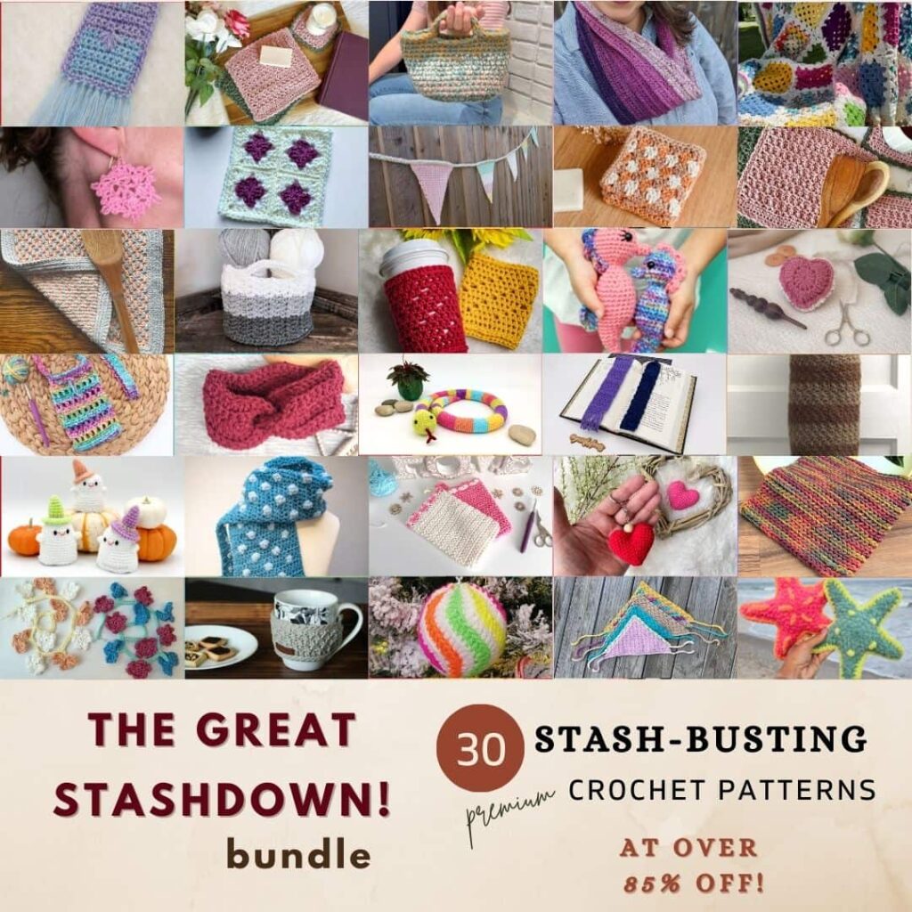 Collage image featuring 30 colorful crochet projects from The Great Stashdown bundle, including scarves, bags, coasters, cup cozies, appliqués, and plushies. Each square showcases a different stash-busting crochet pattern. Bottom section includes text: 'THE GREAT STASHDOWN! bundle', '30 premium STASH-BUSTING CROCHET PATTERNS', and 'AT OVER 85% OFF!' on a cream background.