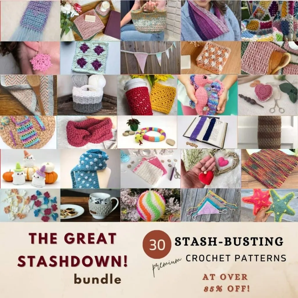 Collage image featuring 30 colorful crochet projects from The Great Stashdown bundle, including scarves, bags, coasters, cup cozies, appliqués, and plushies. Each square showcases a different stash-busting crochet pattern. Bottom section includes text: 'THE GREAT STASHDOWN! bundle', '30 premium STASH-BUSTING CROCHET PATTERNS', and 'AT OVER 85% OFF!' on a cream background.