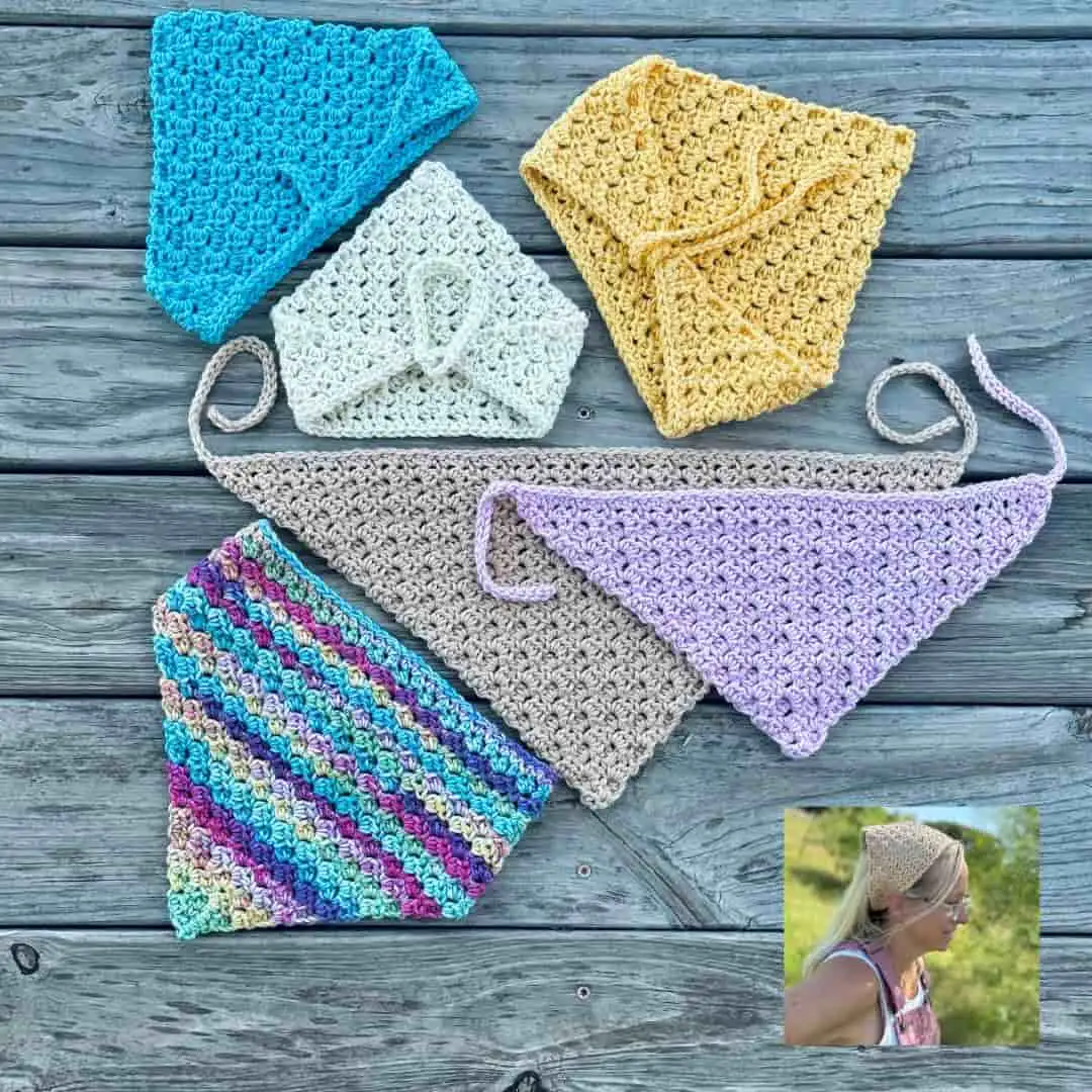 Six colorful crocheted headscarves are arranged on a weathered wooden surface, each showcasing a unique color or stitch pattern. The scarves include shades of bright blue, creamy white, sunny yellow, sandy beige with lavender, multicolored rainbow stripes, and a lilac triangle. Each one has crocheted ties attached. In the bottom right corner, a small inset photo shows a woman wearing the beige version of the headscarf outdoors, styled with sunglasses and a tank top. The overall scene evokes a summery, handmade boho aesthetic.