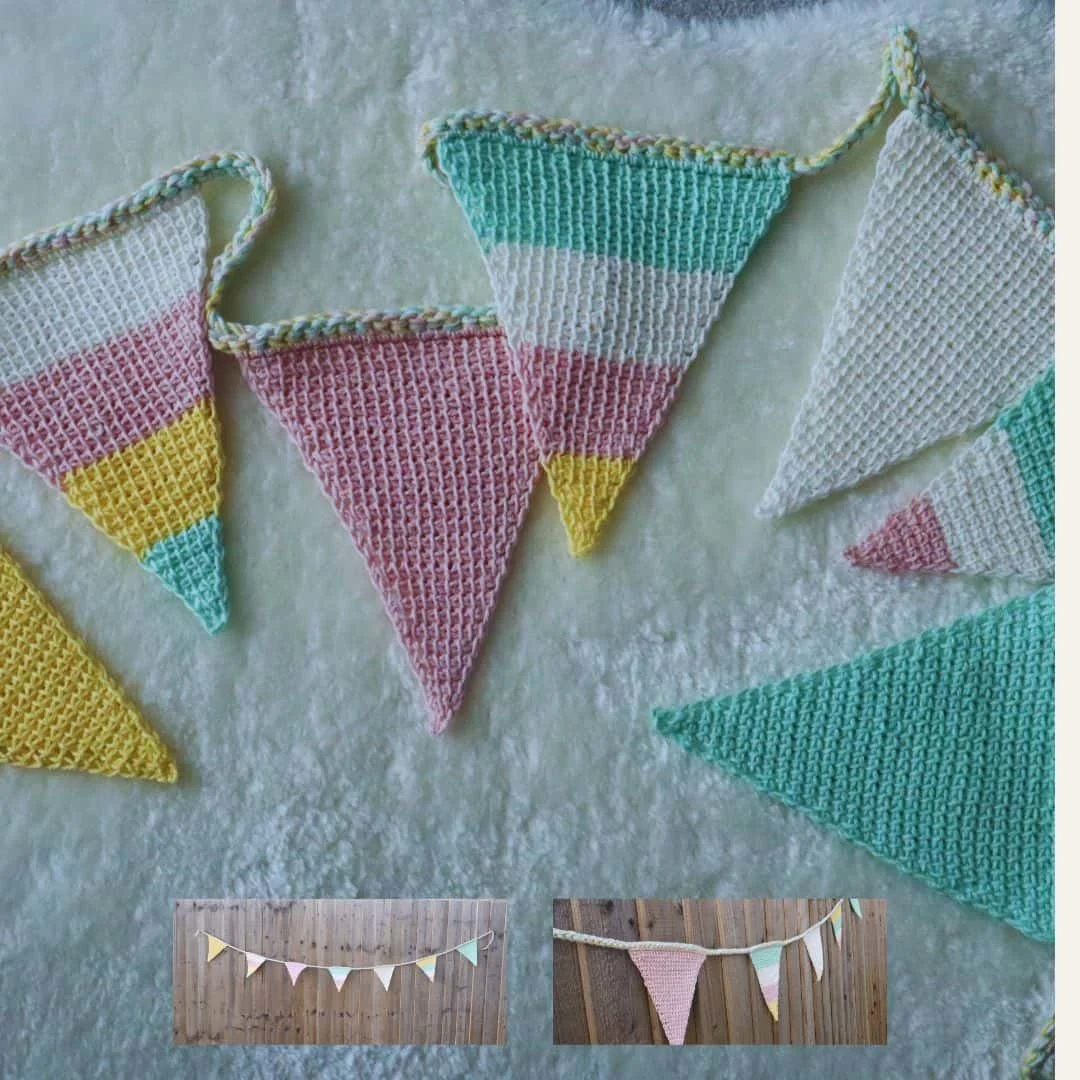 A close-up of crocheted triangular bunting flags in pastel stripes of mint, cream, pink, yellow, and white, joined together with a multicolor crochet chain. Two smaller inset images show the full banner hanging against a wooden fence background.