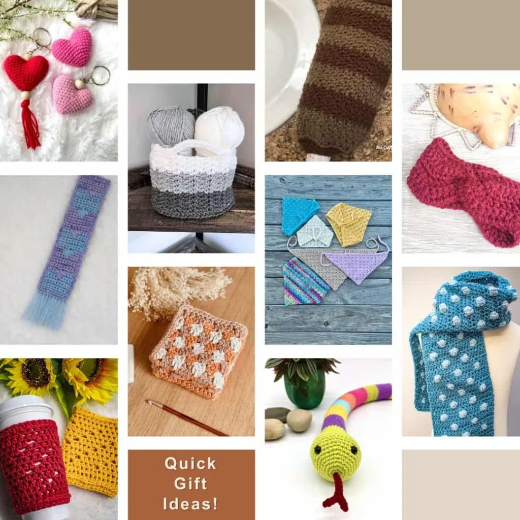 Collage of colorful crochet projects labeled 'Quick Gift Ideas!' featuring heart keychains, cozy cup sleeves, bookmarks, baskets, scarves, a plush snake toy, granny squares, and washcloths. Bright and cheerful stash-busting crochet patterns displayed in a modern grid layout.