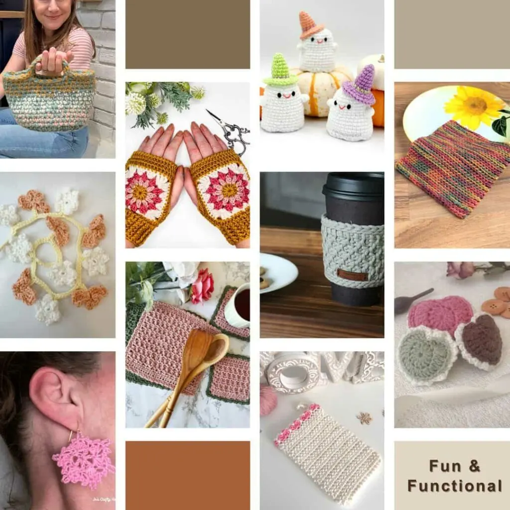Collage of fun and functional crochet projects labeled 'Fun & Functional!' featuring colorful fingerless gloves, reusable cup sleeves, coasters, placemats, heart appliqués, earrings, a crochet basket, phone pouch, mushroom garland, and ghost decorations with hats. Projects use soft, warm colors in a cozy, handmade aesthetic.