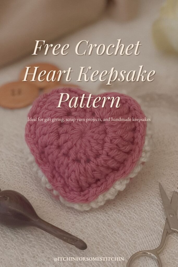 Vertical Pinterest Pin for Free Crochet Heart Keepsake featuring a puffed pink heart with ruffled cream edging on a lace background