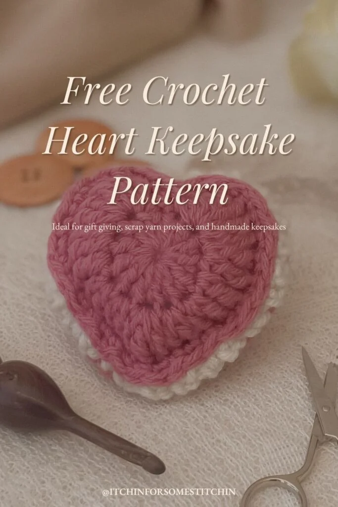 Vertical Pinterest Pin for Free Crochet Heart Keepsake featuring a puffed pink heart with ruffled cream edging on a lace background
