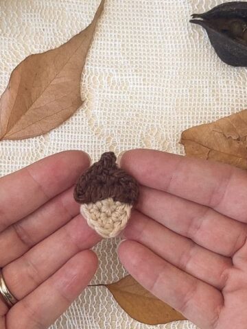 Hands holding a finished crochet acorn appliqué with fall leaves, free mini acorn crochet applique pattern for autumn crafts.