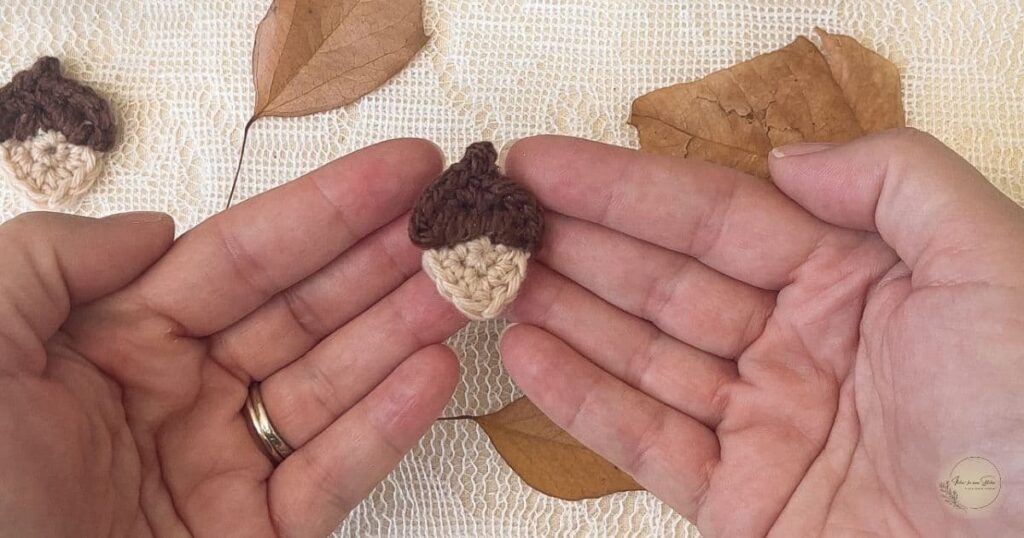 Free crochet acorn appliqué pattern – beginner-friendly fall project shown in hands. Quick scrap yarn crochet embellishment for hats, booties, and blankets.