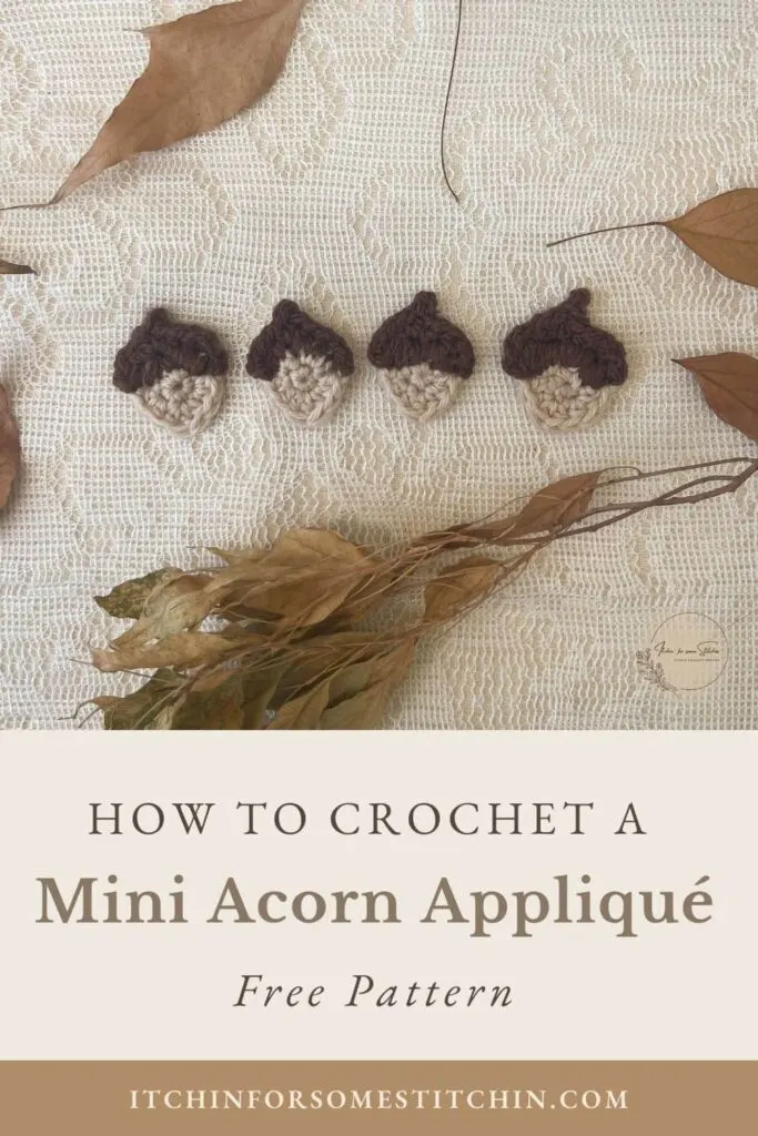 Beginner crochet tutorial – four mini acorn appliqués lined up on lace with autumn leaves, quick stash-busting pattern.