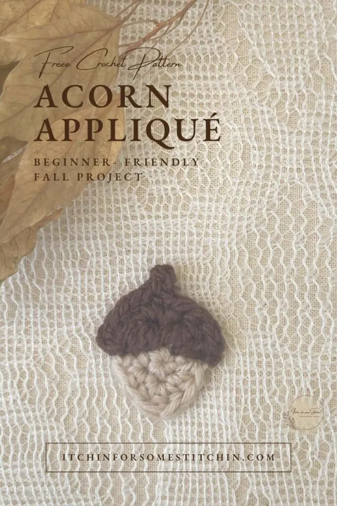 Mini acorn crochet appliqué pattern – simple fall design on lace background, quick and easy project for beginners.