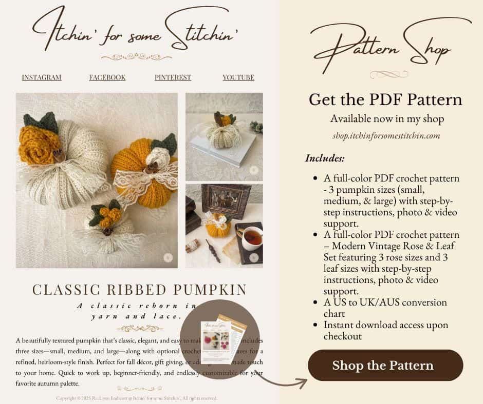 Promotional graphic for the crochet pumpkin PDF pattern featuring sample images of pumpkins, what's included, and a shop button for purchase.