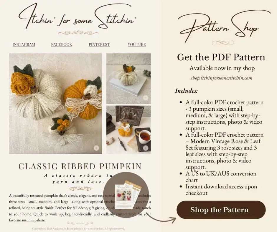 Promotional graphic for the crochet pumpkin PDF pattern featuring sample images of pumpkins, what's included, and a shop button for purchase.