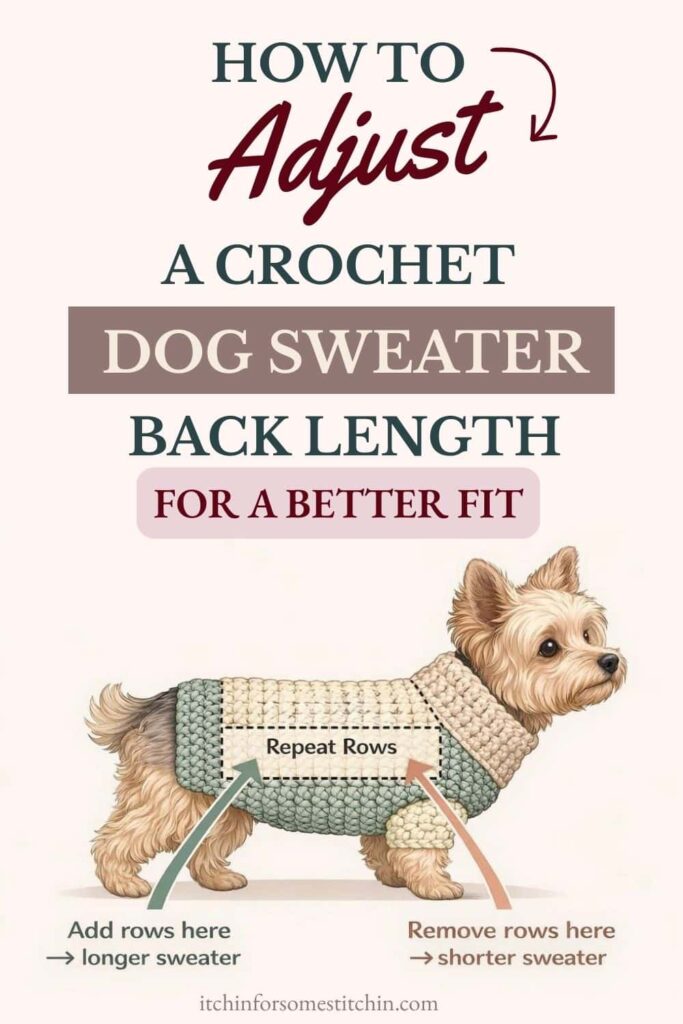 Diagram showing where to add or remove rows to adjust the back length of a crochet dog sweater for a better fit.