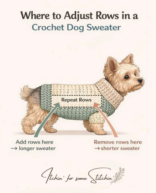 Diagram showing where to add or remove rows to adjust the length of a crochet dog sweater for a better fit.